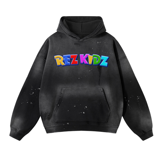 Rez Kidz Large Logo Hoodie (Vintage Wash Frayed Fleece)  360 GSM